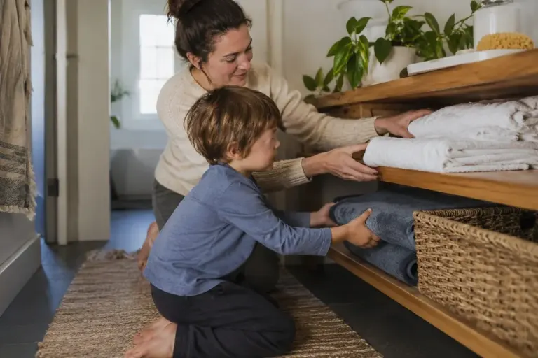 A child and adult putting folded towels on a low shelf together in a home.