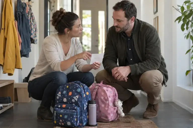 Two parents discussing a simple pickup note beside children's backpacks in a bright hallway.