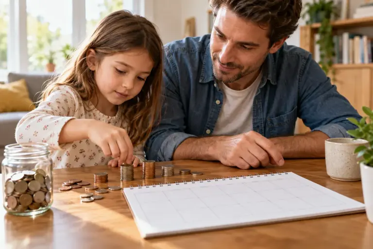 A child and parent arranging coins beside a blank weekly calendar.
