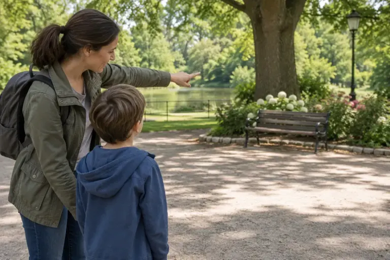 A parent showing a child a clearly identifiable meeting place in a quiet public park.