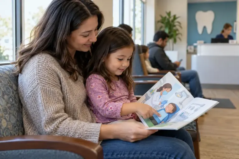 Parent and child reading a simple picture book about a dental visit in a waiting room.