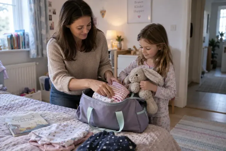 Parent and child packing a small overnight bag with pyjamas and a favourite soft toy, calm domestic scene.