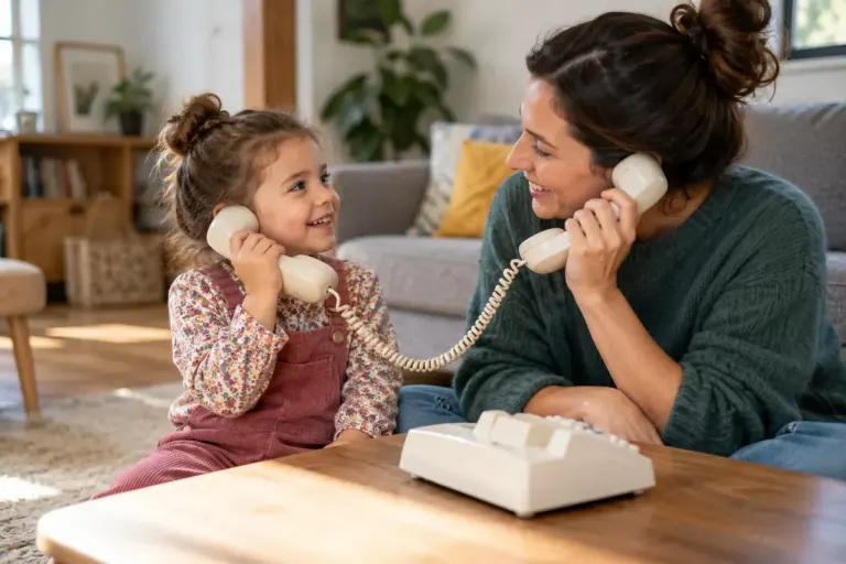 A parent and child practising a simple phone conversation with an unplugged handset at home.