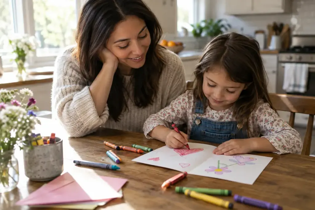 A parent and child making a simple handwritten thank-you card with crayons at a kitchen table.