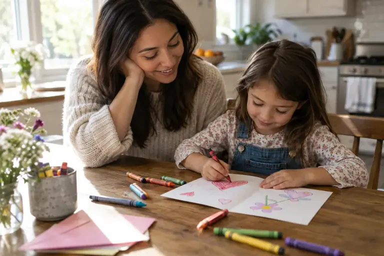 A parent and child making a simple handwritten thank-you card with crayons at a kitchen table.