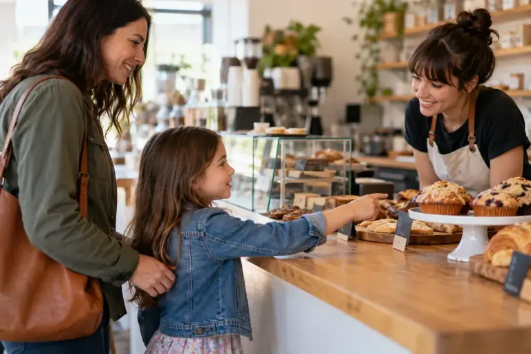 Child ordering snack at cafe counter with parent nearby.