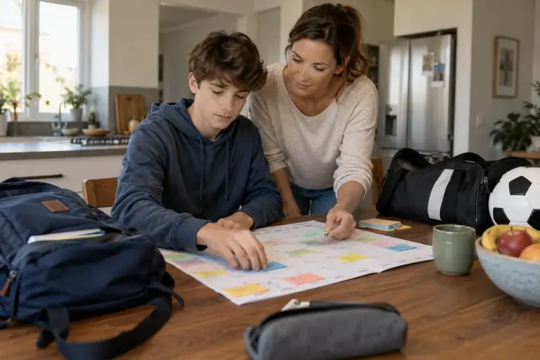 Parent and teenager arranging coloured calendar cards at kitchen table, school bag and sports bag nearby.
