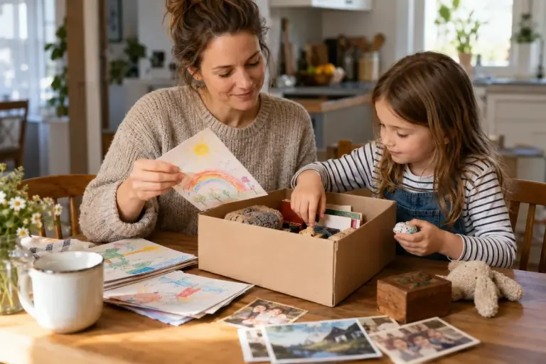 Parent and child sorting drawings into a family memory box.