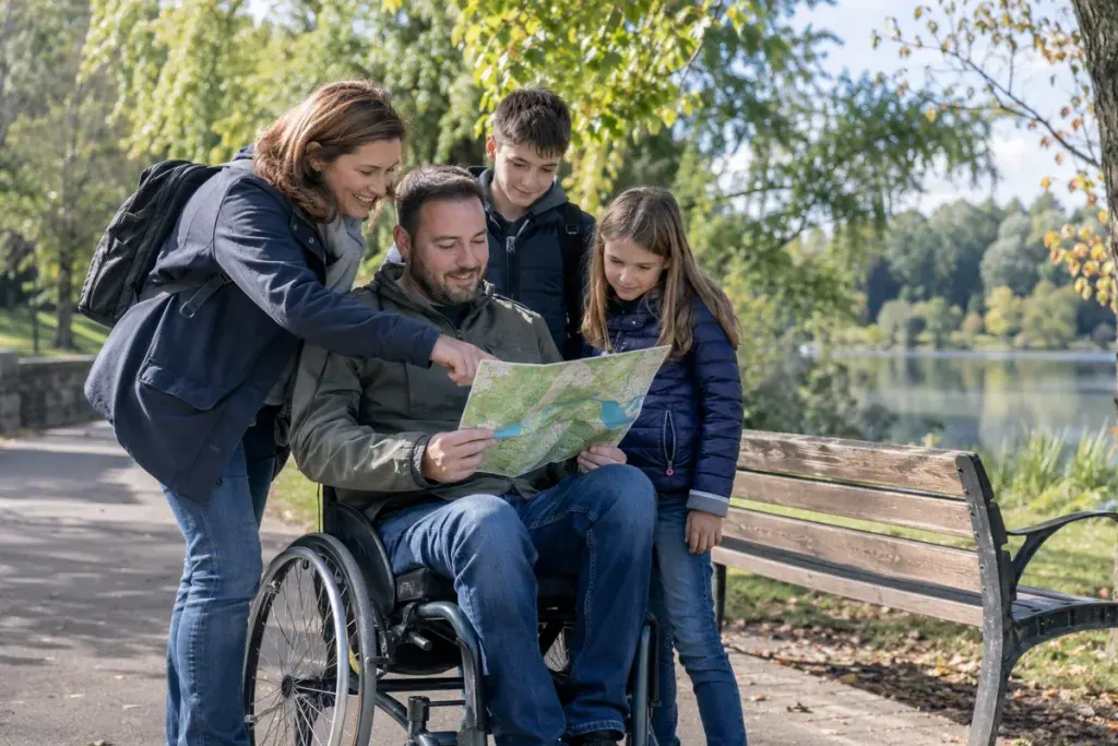 A family looking at a map near a quiet waterside bench.
