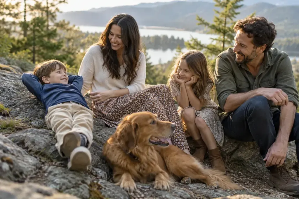 A family taking a relaxed break during a casual outdoor photo session.