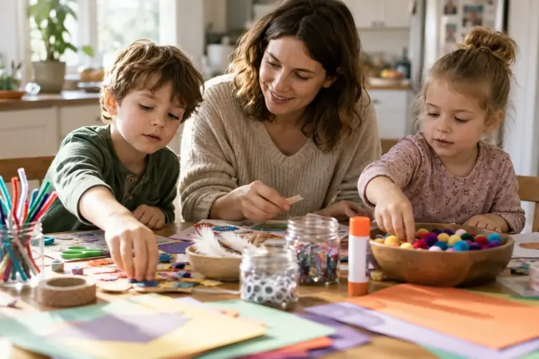 Two children choosing different craft materials with a parent at a kitchen table.