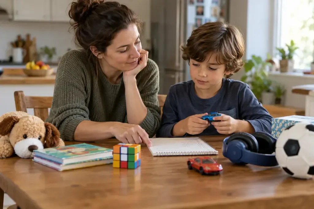 An adult and child comparing possible gifts within a budget.