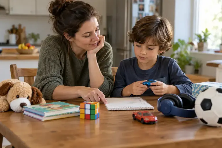 An adult and child comparing possible gifts within a budget.