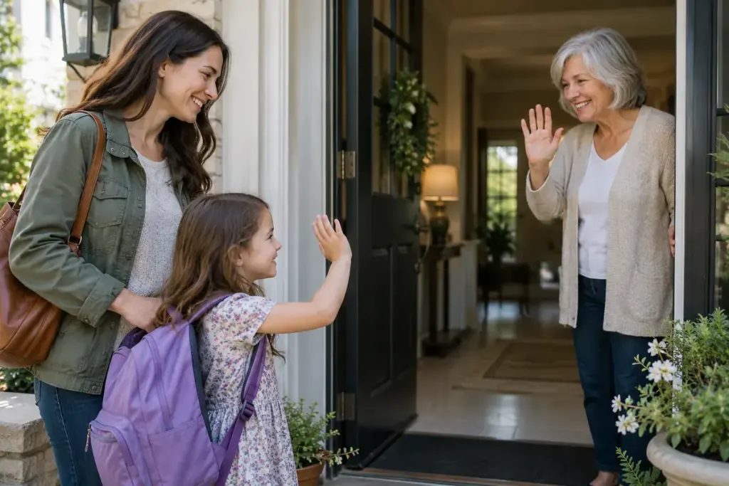 A child waving hello to an adult relative while a parent stands nearby, warm family doorway scene, respectful distance.
