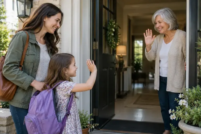 A child waving hello to an adult relative while a parent stands nearby, warm family doorway scene, respectful distance.