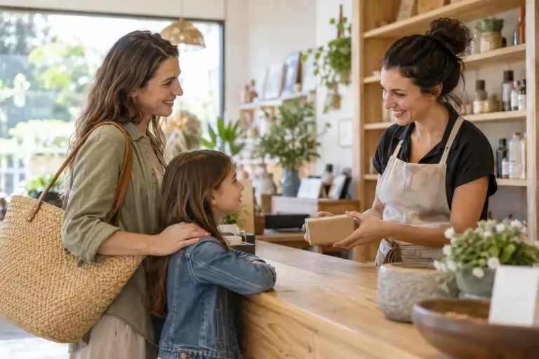 Parent and child speaking with a shop assistant at an uncluttered counter.
