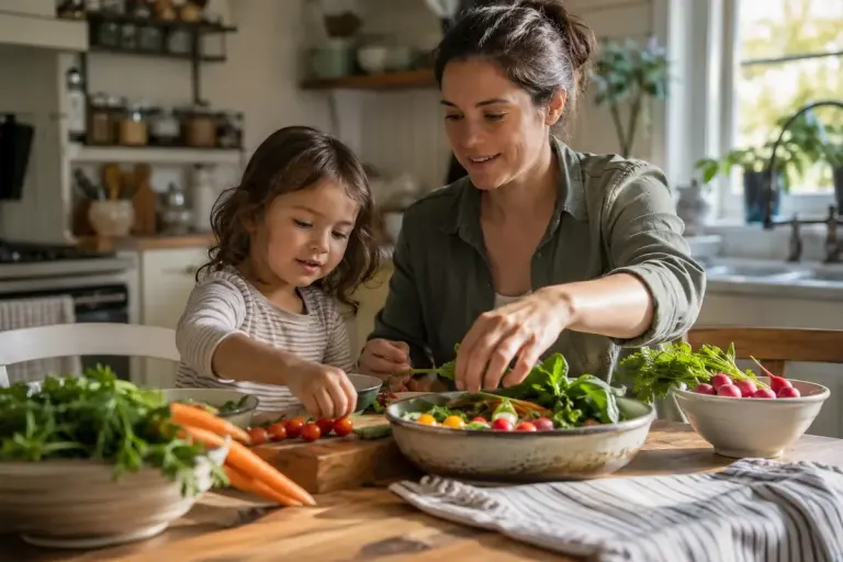 An adult and child arranging vegetable ingredients together at a kitchen table.