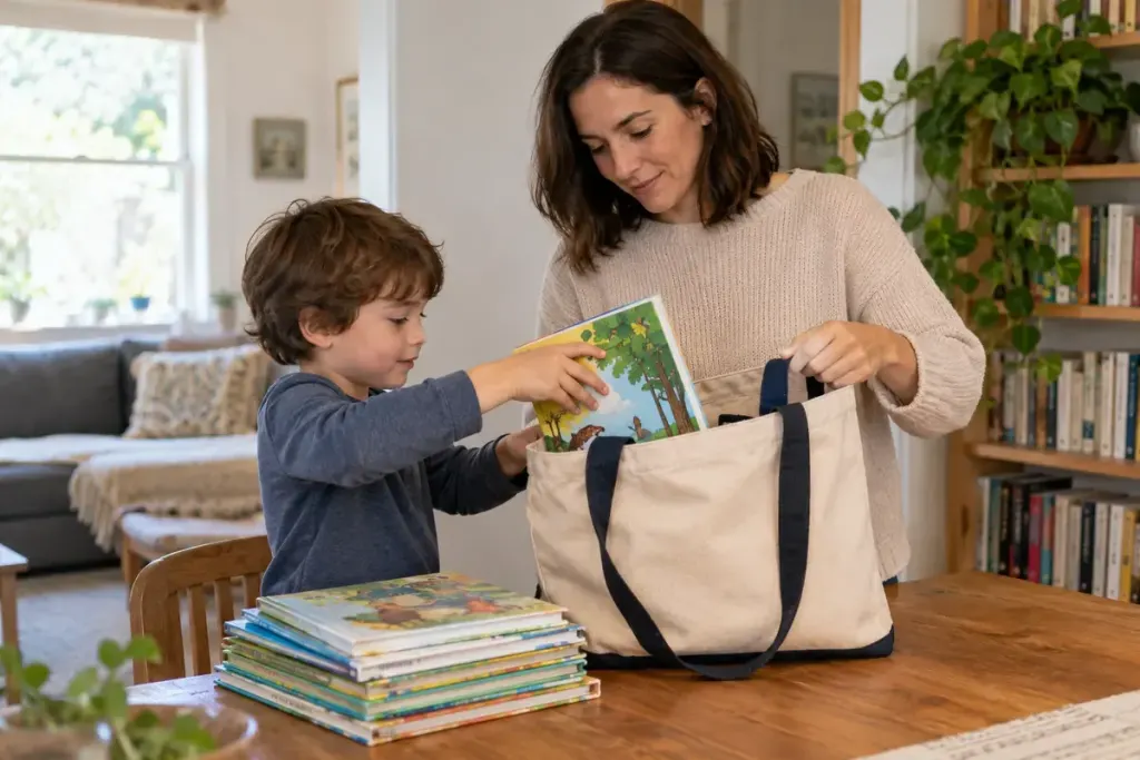 A parent and child putting borrowed books into a dedicated library bag.