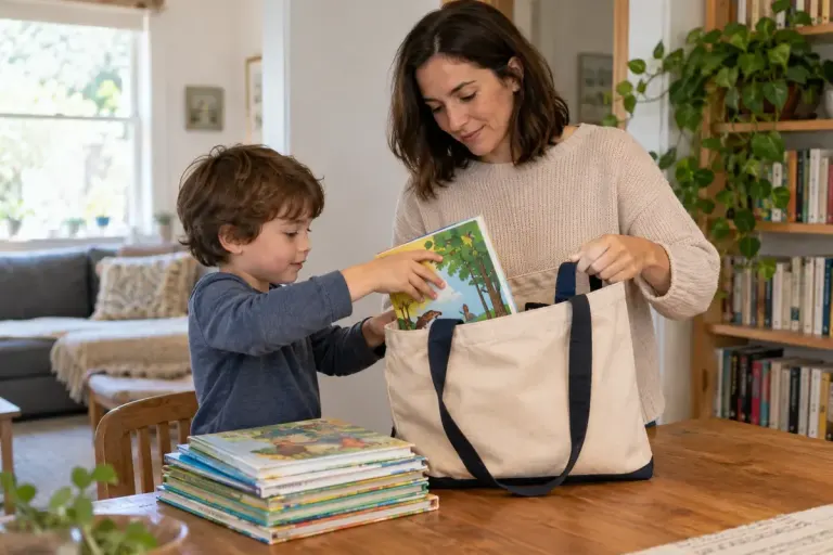 A parent and child putting borrowed books into a dedicated library bag.