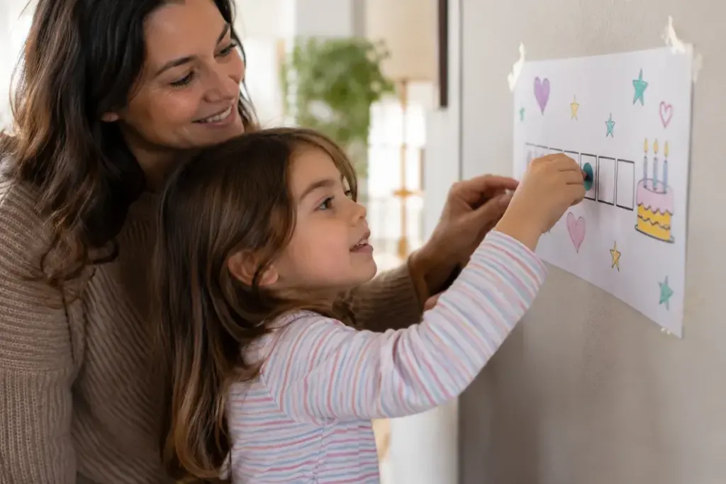 A parent and child moving a marker on a simple handmade birthday countdown.