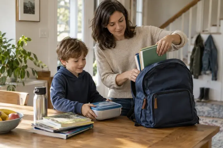 A parent and child sorting books and a lunchbox beside an open school backpack.