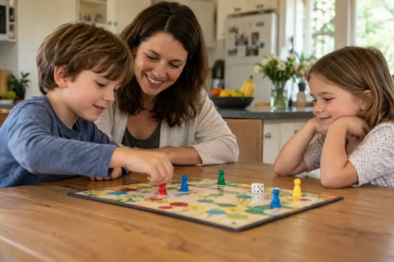 A parent and two children playing a simple unbranded board game at a kitchen table.