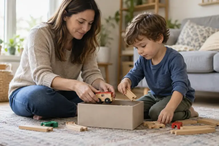 A parent and child putting a borrowed toy with its pieces into a small box at home.