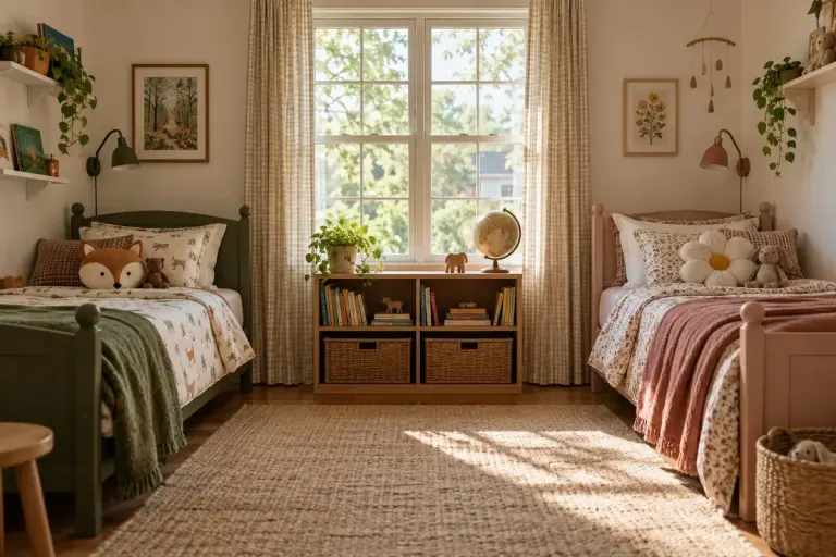 Two children's beds with separate lamps in a shared room.