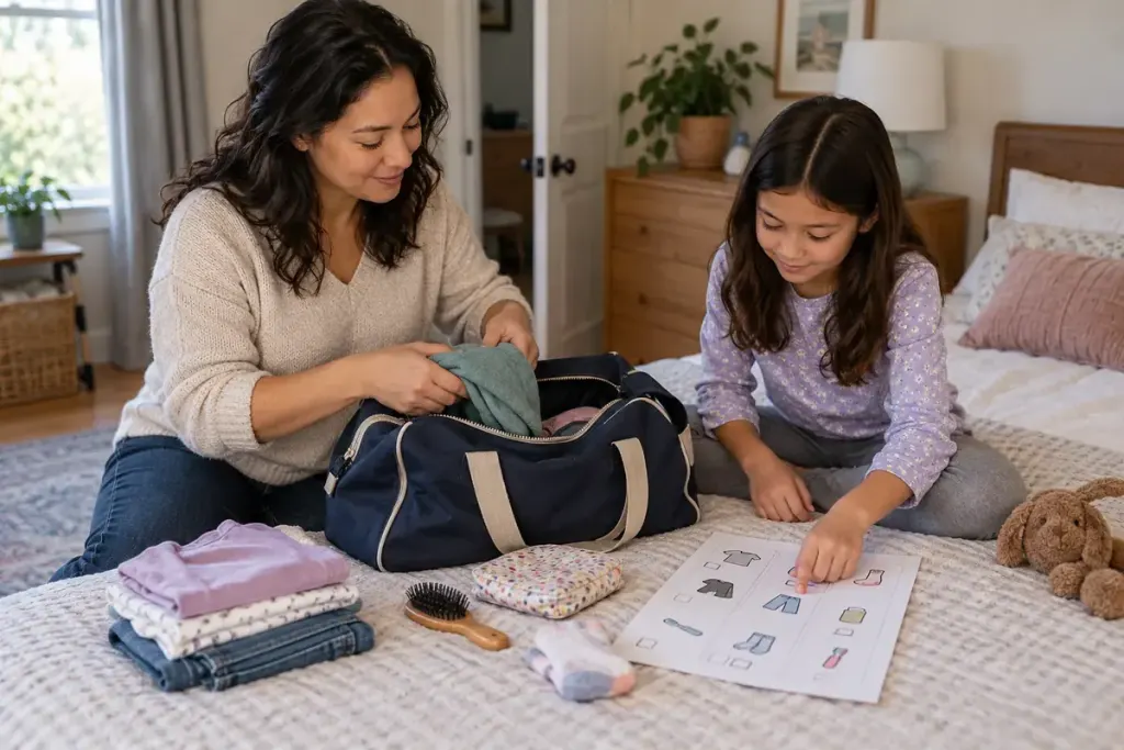 A parent and child packing a small overnight bag using a simple picture checklist in a calm bedroom.